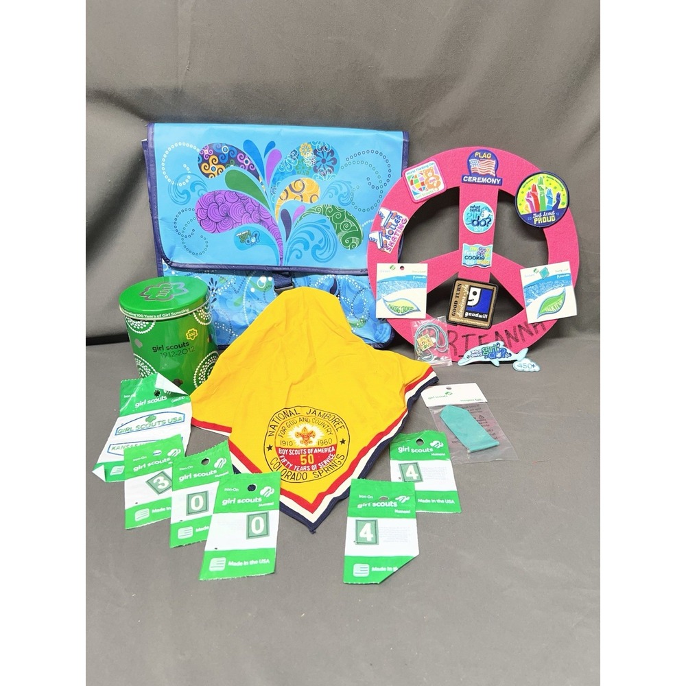 Girl Scouts Boy Scouts Lot Patches Badges Bandana Metal Tin Satchel Bag Vintage